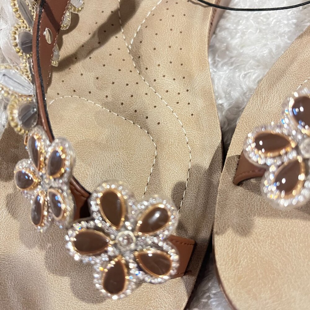 ANDIAMO Brown Floral Rhinestone Flat Sandals with Ankle Strap